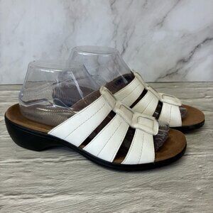 Clarks White Leather Wedge Slip On Slide Sandals